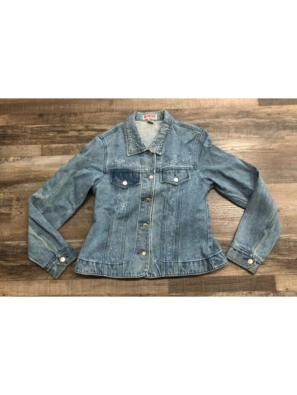 Vtg Wanted by Beads Womens Large Denim Blue Jean Jacket Button Up Studded